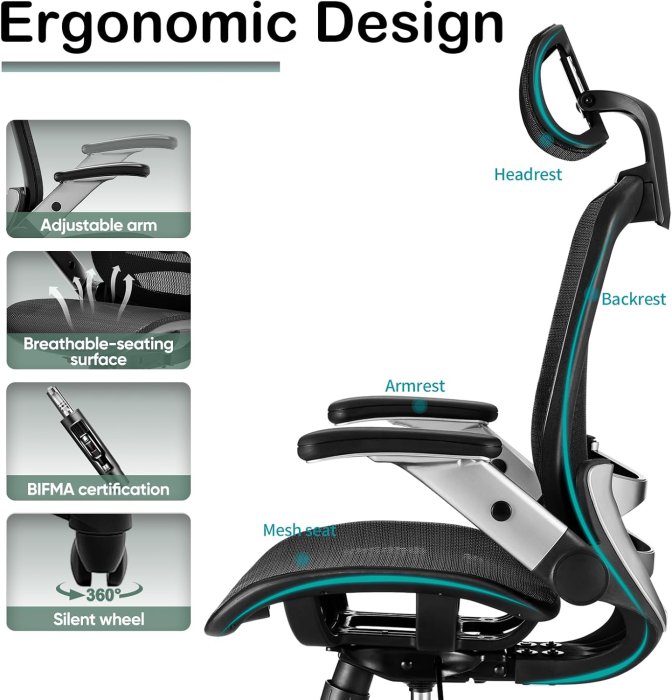 SUNNOW Mesh Office Chair with Flip-Up Arms and 3D Headrest (image 3)